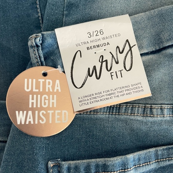 YMI Women’s Blue Ultra High Rise Curvy‎ Stretch Frayed Denim Shorts-Sizes 1 & 3 - Picture 5 of 10